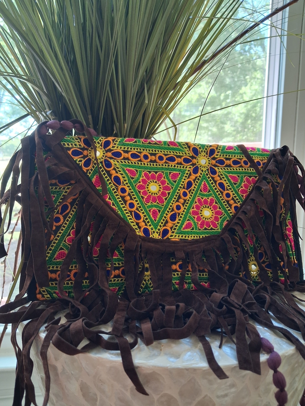 Boho Embroidered Fringe Crossbody Bag - Brown & Multi - Picture 2 of 5